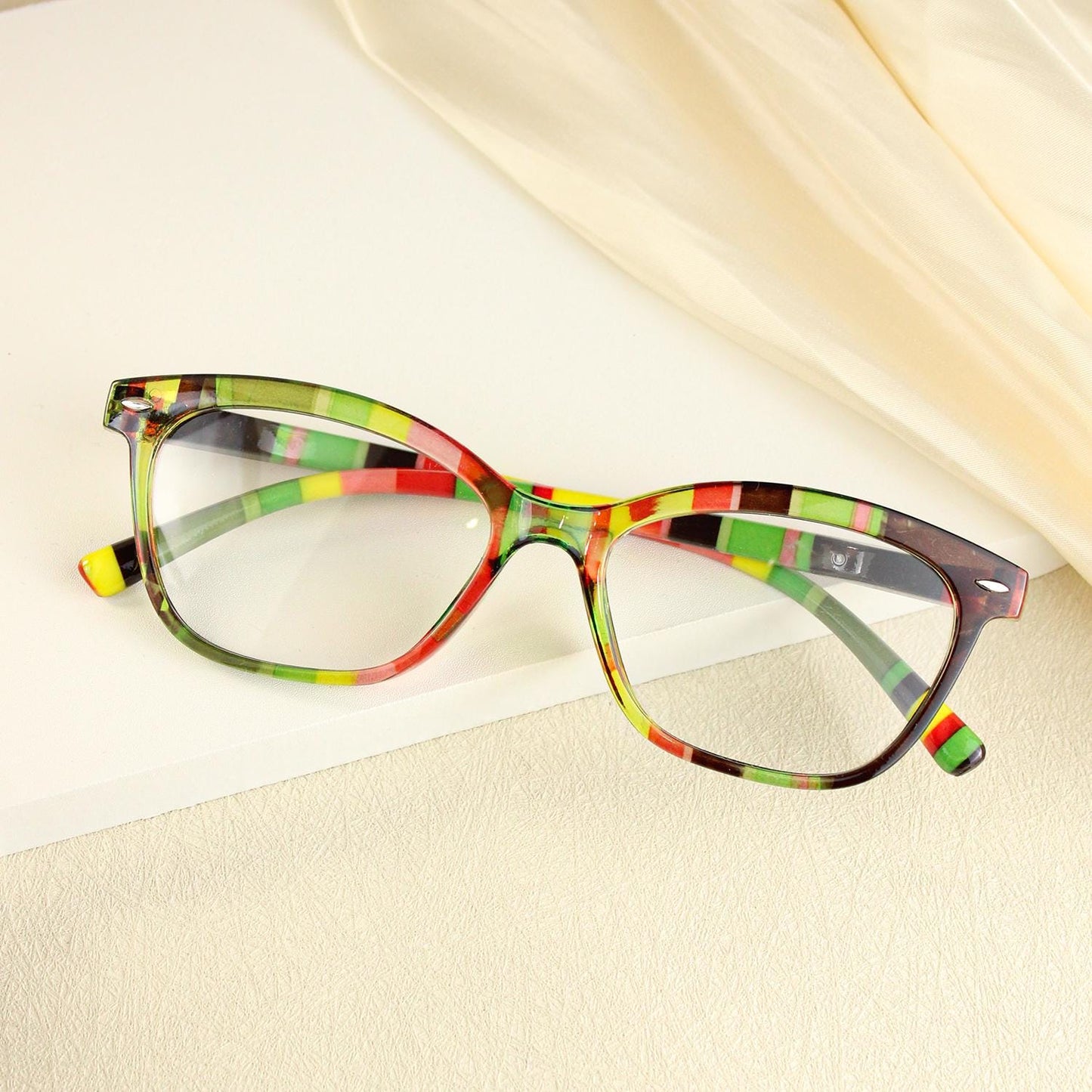 Bohemian Striped Cat Eye Reading Glasses, Multicolor Acetate Frames, Anti Blue Light Lenses
