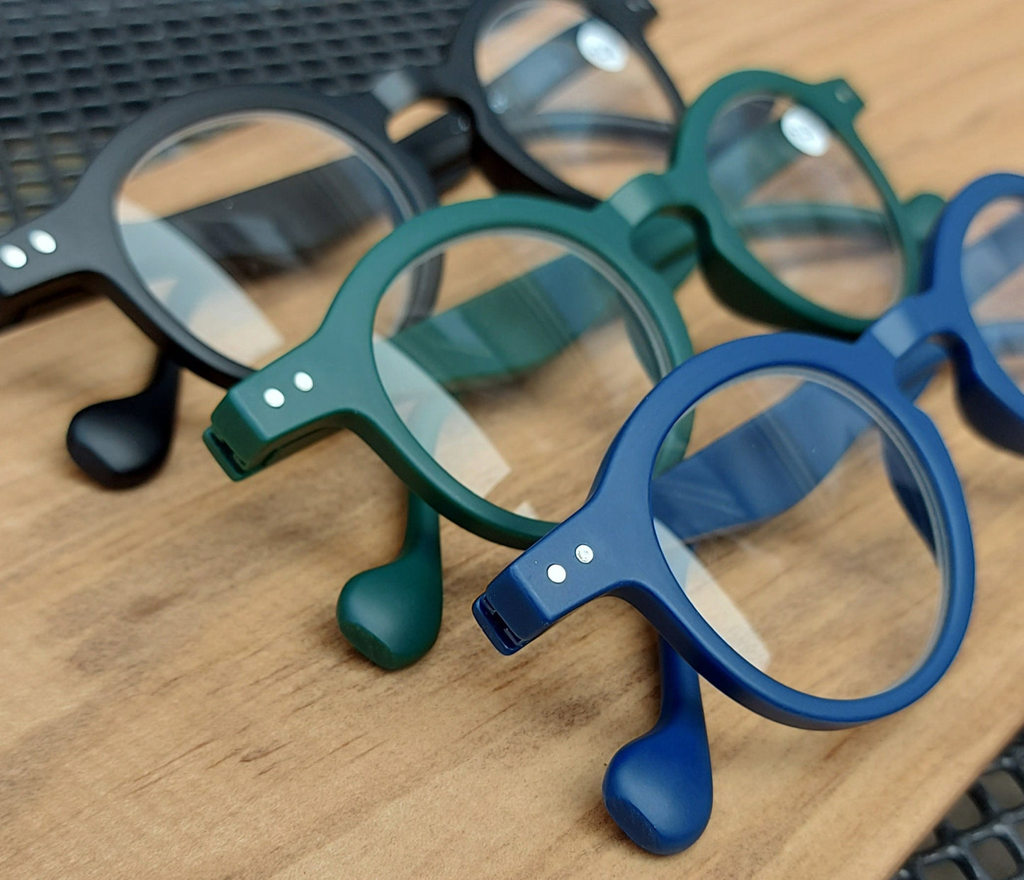 Set of 3 Reading Glasses, Matte Black, Blue, and Green, Round Lenses with Flex Springs