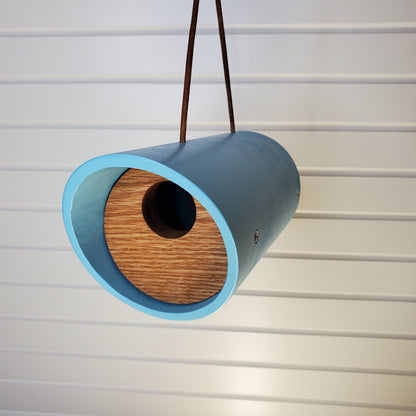 Modern Aqua Round Tube Birdhouse with Solid Oak