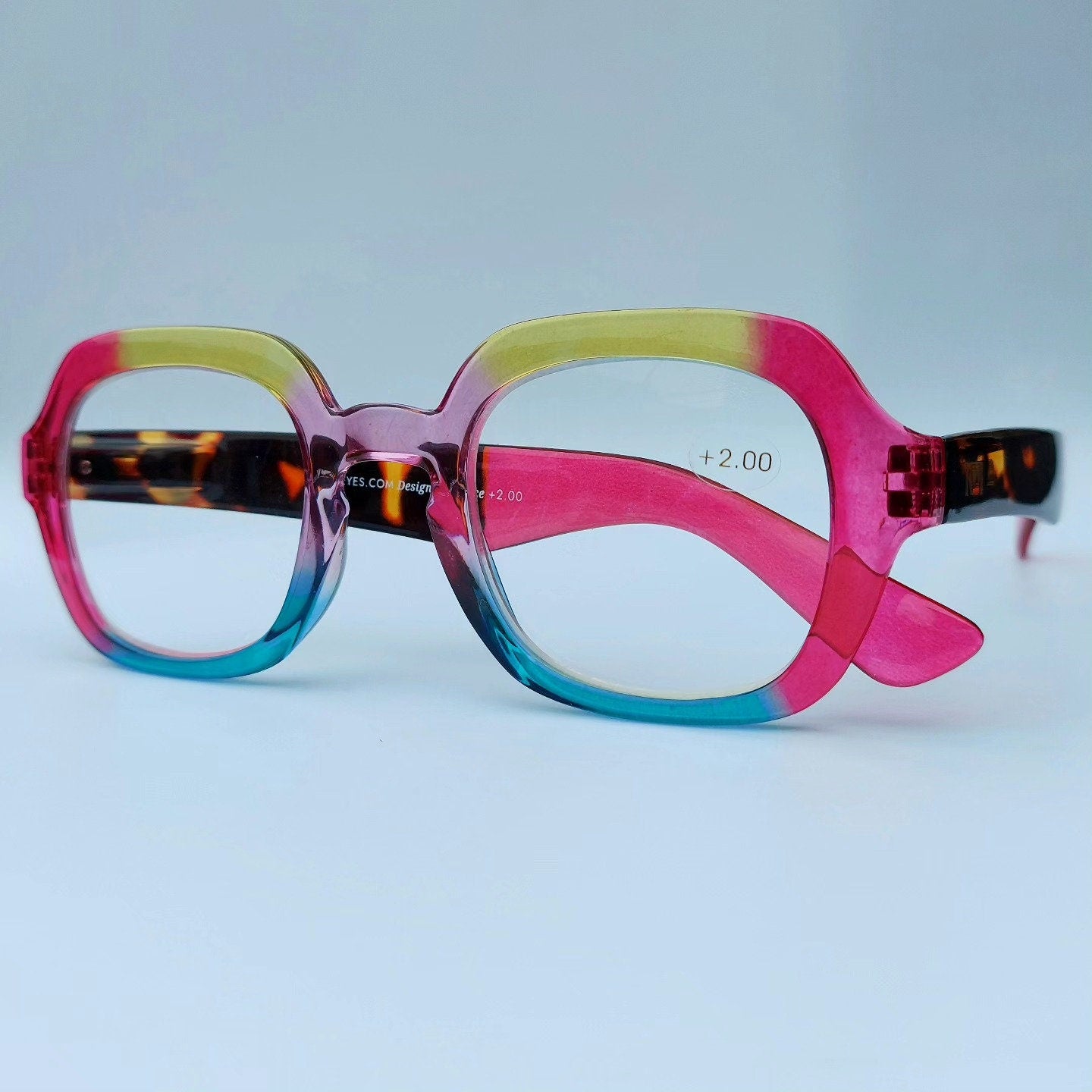 Large Colorful Reading Glasses, Pink, Yellow, Purple, Blue, +1.00 to +3.00