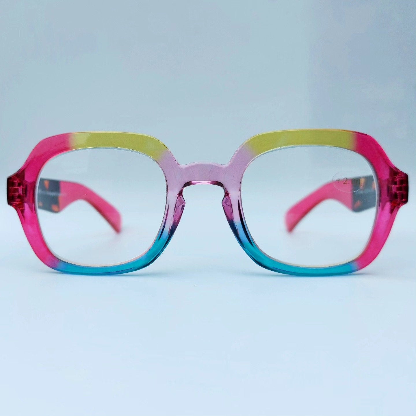 Large Colorful Reading Glasses, Pink, Yellow, Purple, Blue, +1.00 to +3.00