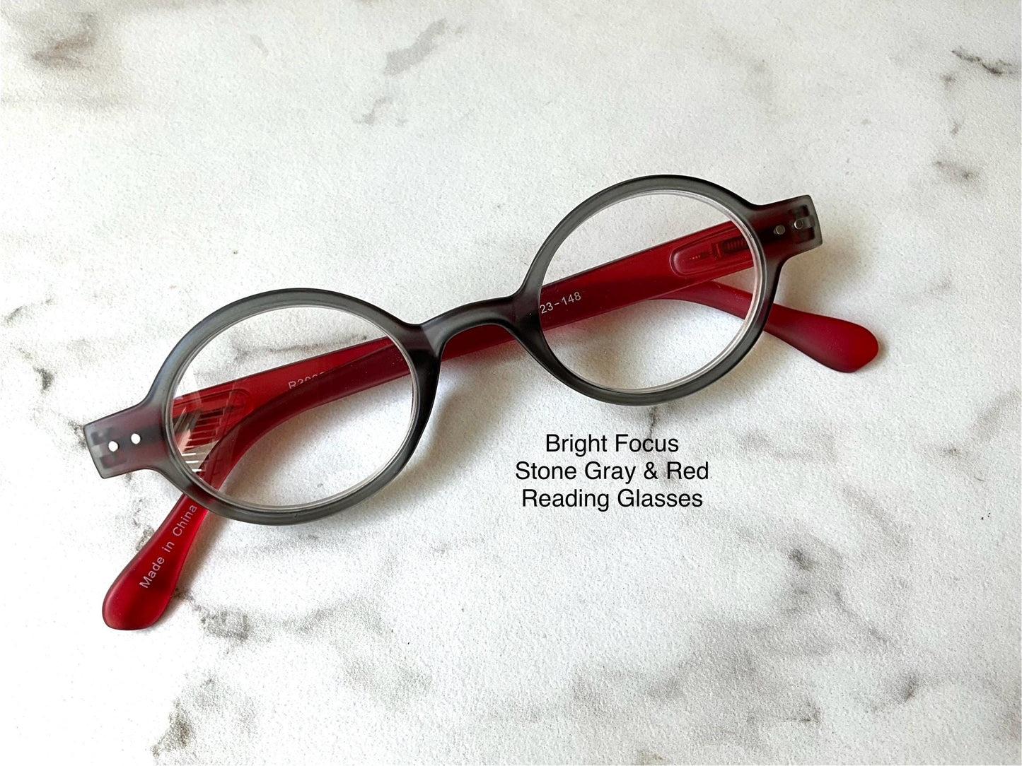 Matte Finish Stone Gray & Red Small Oval Reading Glasses