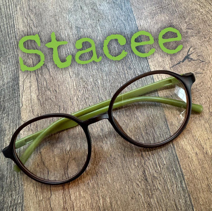 Brown Round Reading Glasses with Green Arms