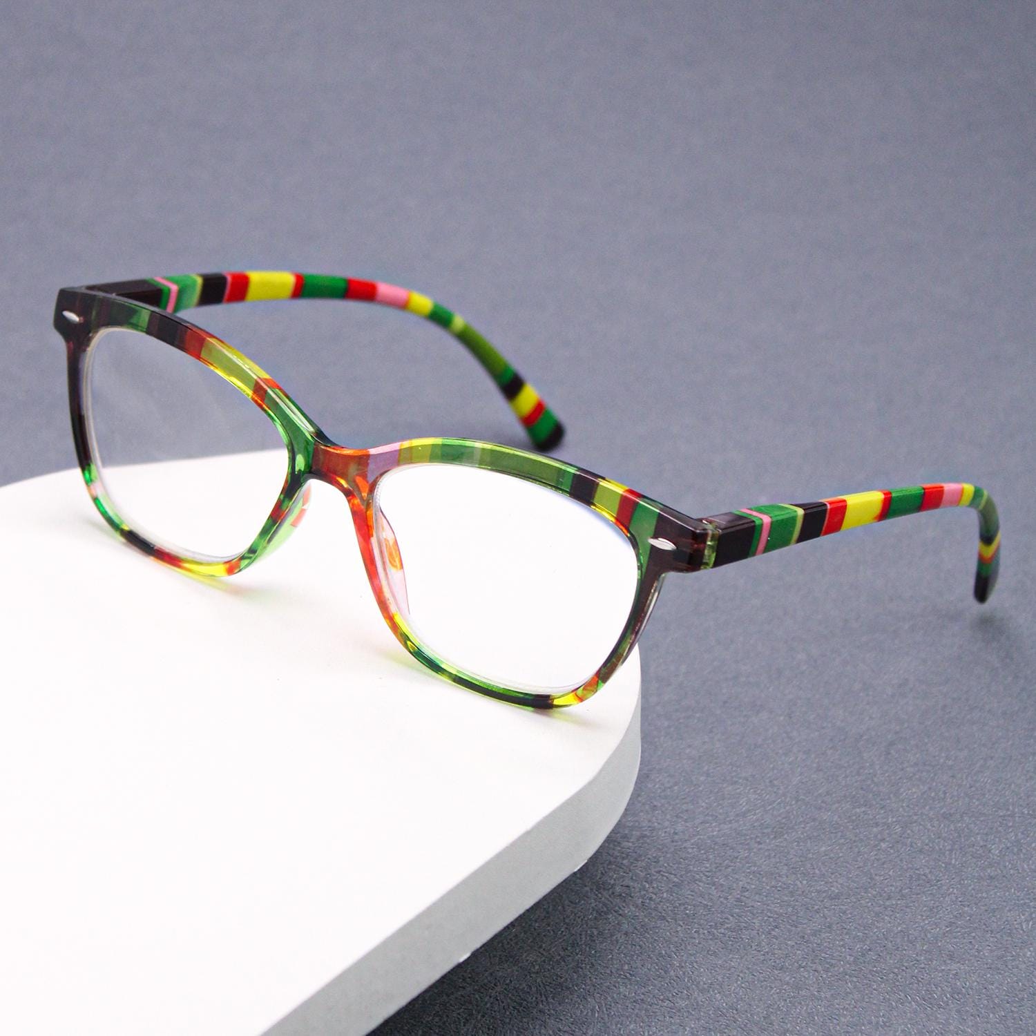 Bohemian Striped Cat Eye Reading Glasses, Multicolor Acetate Frames, Anti Blue Light Lenses