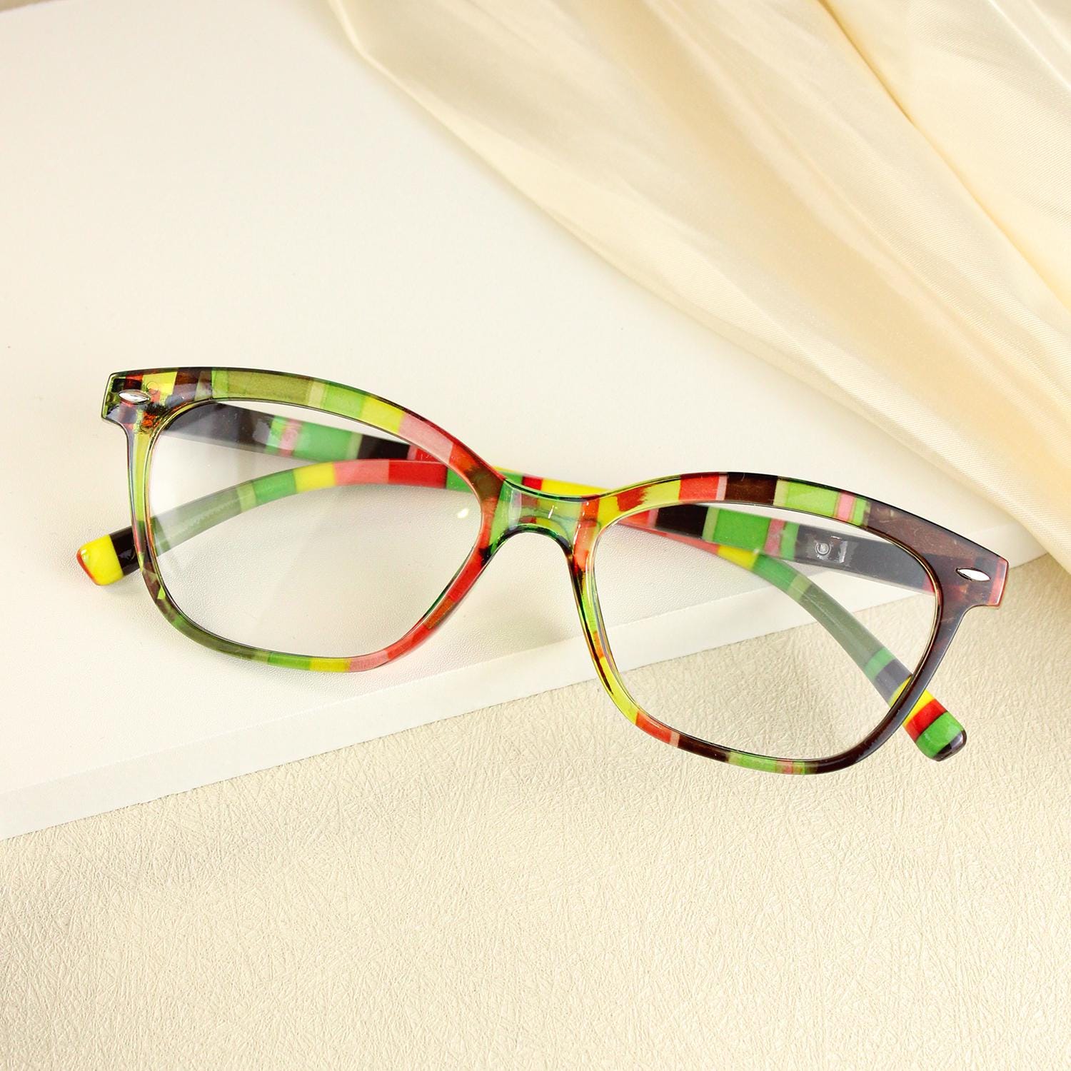 Bohemian Striped Cat Eye Reading Glasses, Multicolor Acetate Frames, Anti Blue Light Lenses